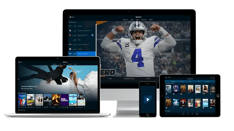 TV, tablet and phone screens playing live channels from a Troypoint IPTV subscription
